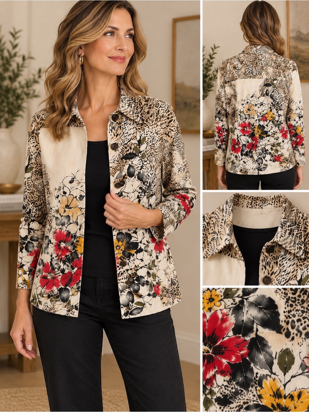 Chico's Size 1 (8-10) Multi Floral & Leopard Button-Up Jacket Dress up or Down